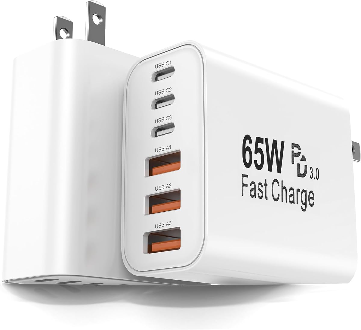 Paquete de 2 bloques de carga USB C de 65 W, bloque de carga rápida de pared de 6 puertos [3 PD USB-C y 3 QC USB-A] para iPhone 17 16 15 Pro Max, iPad Pro, Galaxy S26 S25, Pixel 10 9, iWatch, Google y más