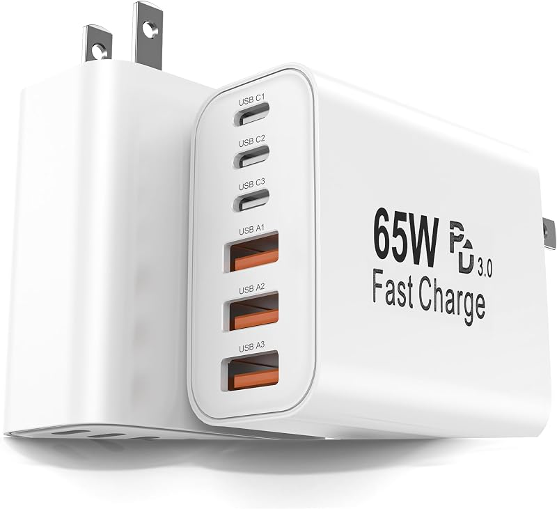 Paquete de 2 bloques de carga USB C de 65 W, bloque de carga rápida de pared de 6 puertos [3 PD USB-C y 3 QC USB-A] para iPhone 17 16 15 Pro Max, iPad Pro, Galaxy S26 S25, Pixel 10 9, iWatch, Google y más