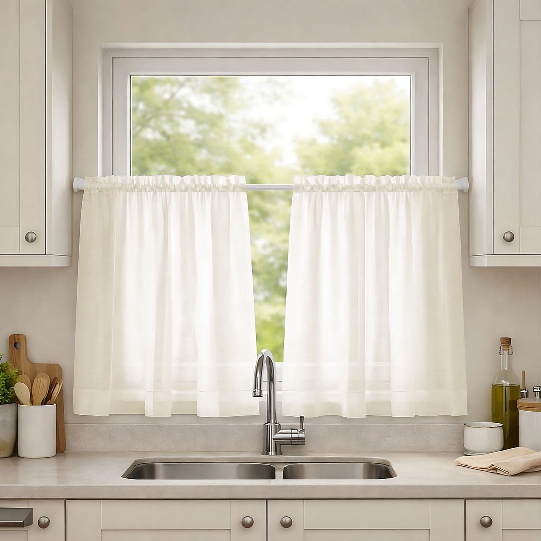 John Aird Lucy Voile Cafe Curtains - Rod Pocket Slot Top - Pair Net Curtains - 2 Panels (Cream, W 28" x L 36")