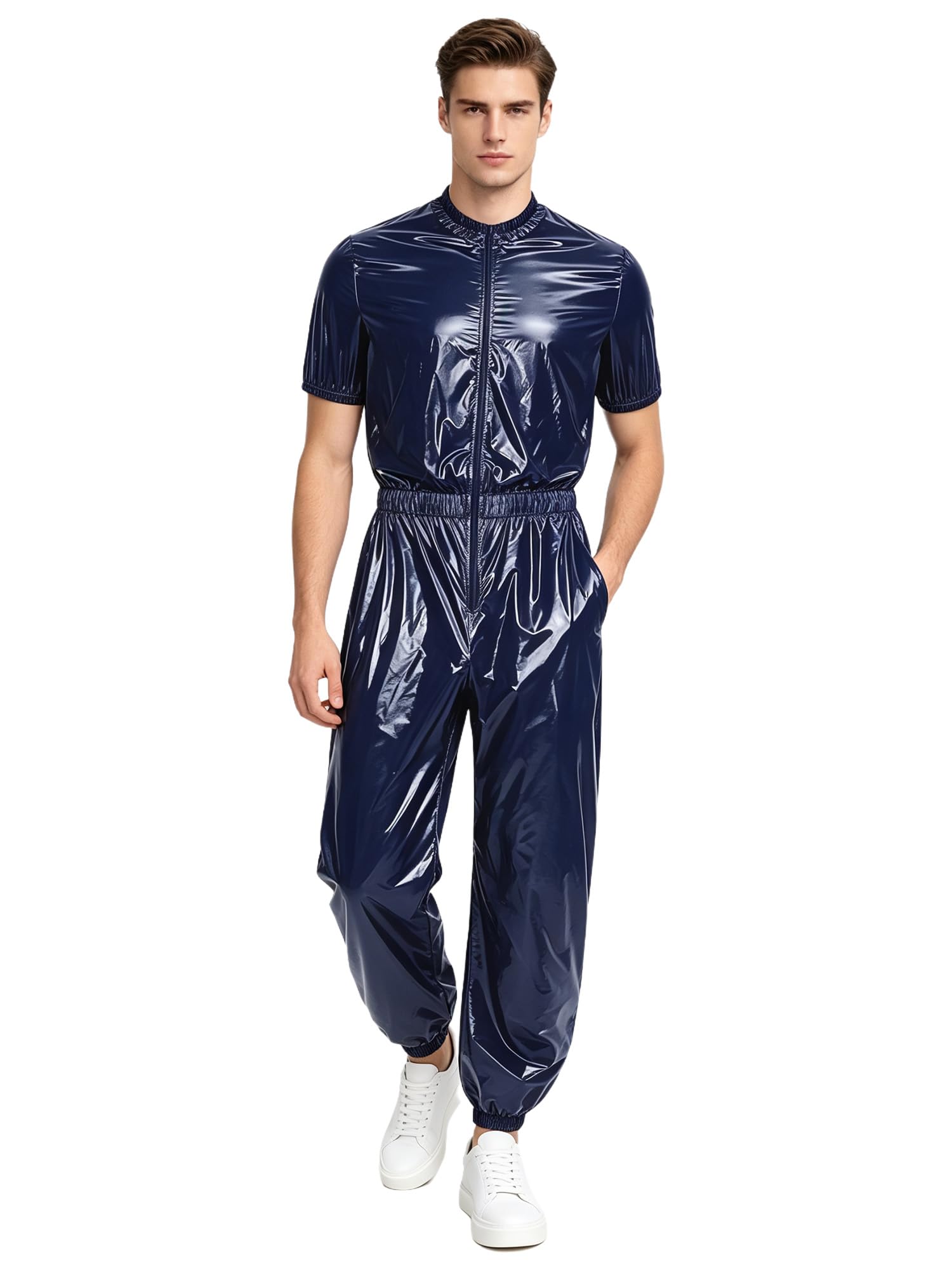 FEESHOW Sauna Suit for Men Leakproof Zipper Front Nightwear Blue M