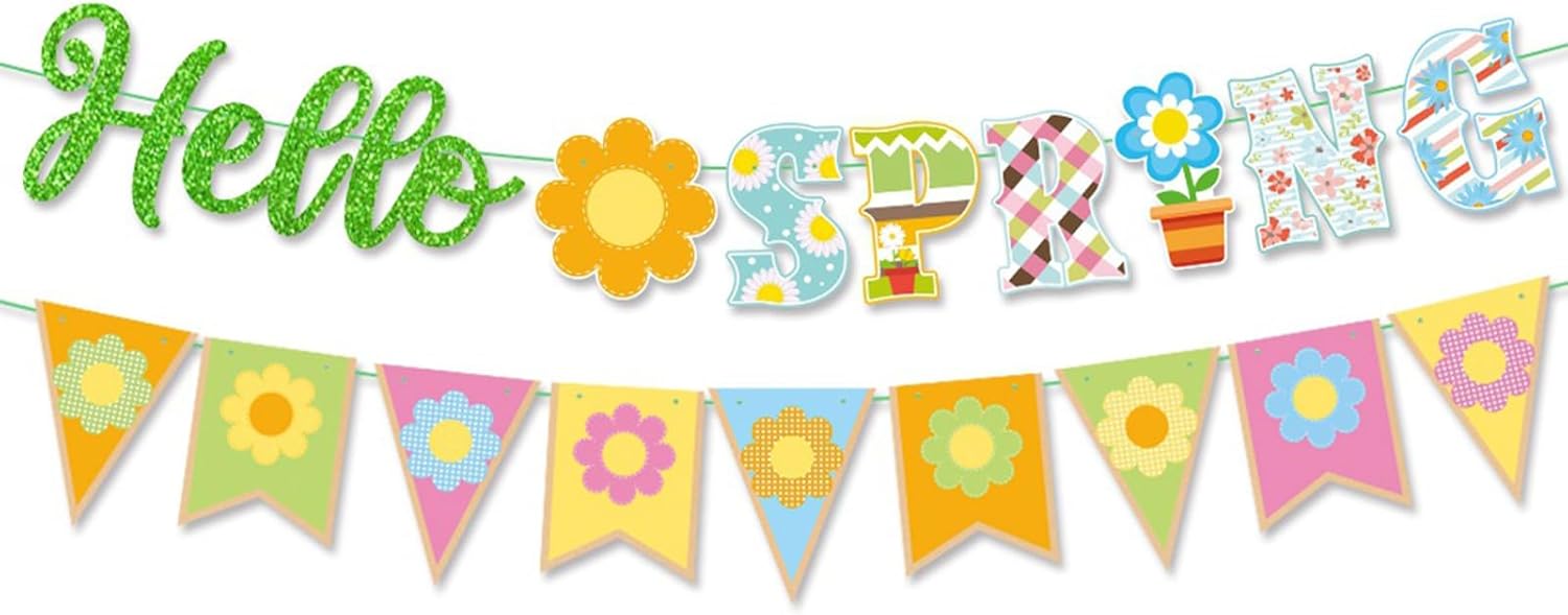 Hello Spring Banner Multicolor Spring Flowers Banner Garland Springtime Theme Party Decorations for Spring Easter Indoor Outdoor Home Mantel Fireplace Hanging Decor