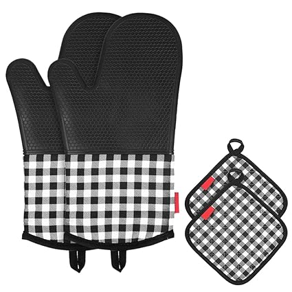 Decdeal Heat Resistant Silicone Oven GlovesOven Mitts + 2 Cotton Pot Holders for Kitchen Cooking Baking Grilling Barbecue-Black Plaid