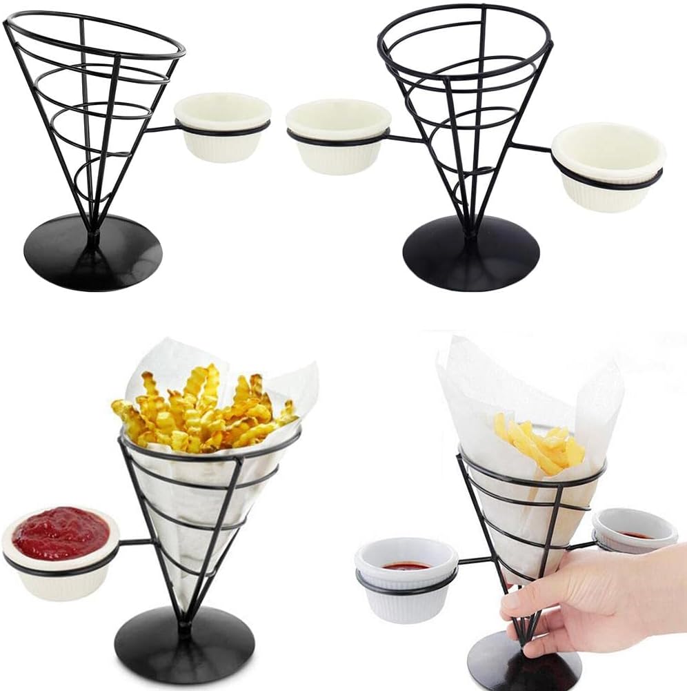 French Fries Holder Stand, Reusable Iron Dip Bowl for Snack Cones, Perfect for Parties, Picnics, and Outdoor Events, Black Color, 10.5cm Bottom Diameter, 12cm - Single