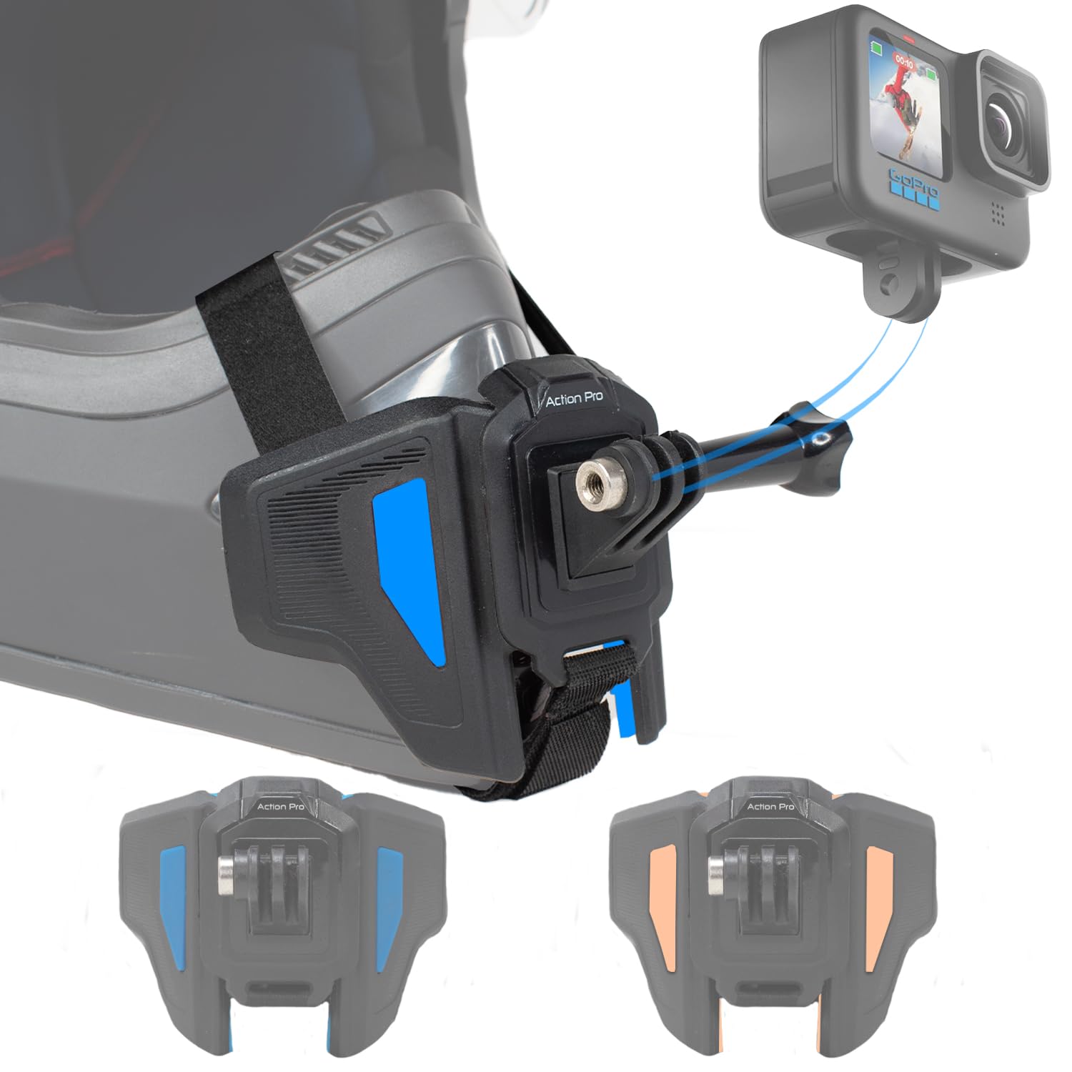Action Pro Upgraded Motorcycle Helmet Strap Front Chin Mount Compatible with All Smartphones and GoPro 13 12 11 10 9 8 7 5 4 | SJCAM | DJI Osmo | Insta 360 X4 X3 X2 & Other Action Cameras (Blue 3.0)