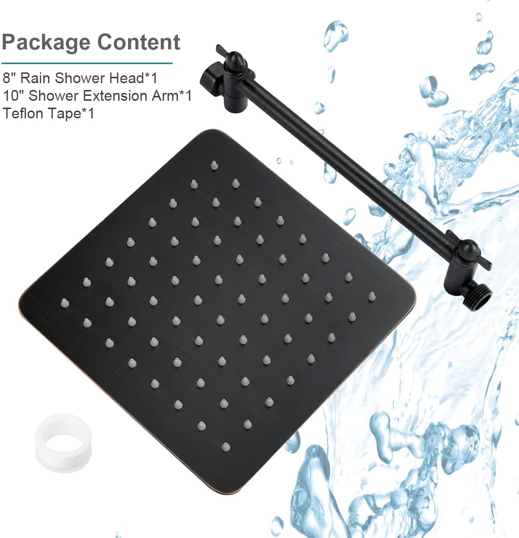 BRIGHT SHOWERS Rain Shower Head with 10 Inch Adjustable Extension Arm Combo, 8 Inch High Pressure Stainless Steel Rainfall Showerhead, Ultra Thin Square Design Easy to Install, Oil-Rubbed Bronze