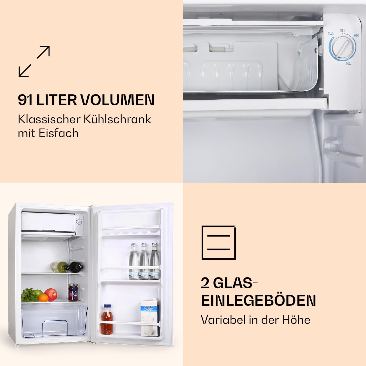Klarstein 90L1-WH - Kühlschrank, Standkühlschrank, 90 L, 2 x Regaleinschub, Schublade, separates Eisfach, 3 Depots in der Tür, leise, Türanschlag rechts, weiß