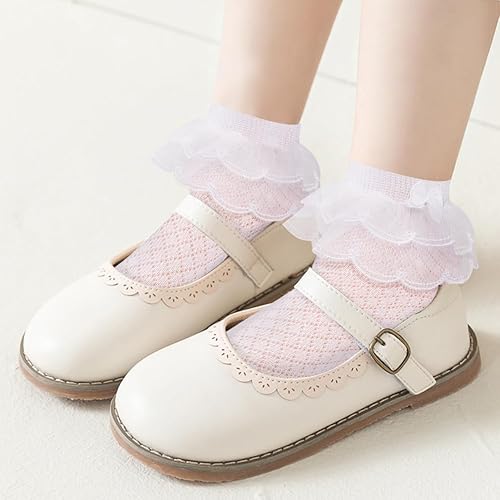 Miniatura 6 de Looching 5 pares de calcetines de encaje con volantes para niñas pequeñas con lazo y ojal de malla con volantes para vestido de tobillo para niños