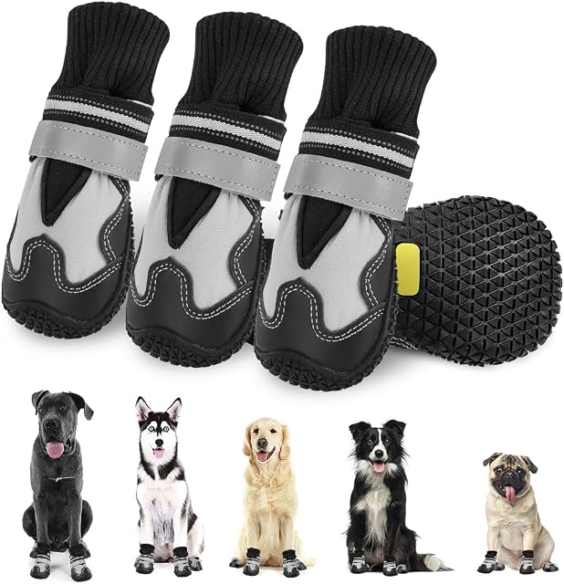 Eyein Dog Boots For Injured Paws Waterproof, Anti Come Off & Adjustable Dog Shoes Paw Protector With Reflective Strips Rugged Anti-Slip Sole For Winter Snow Rainy Hiking Walking Running Outdoor4pcs)