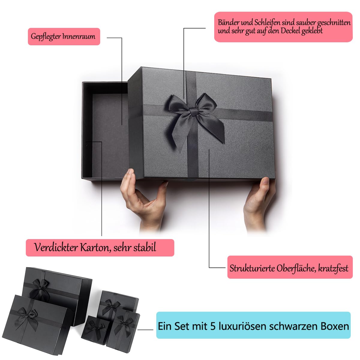 Geschenkboxen für Geschenke, ein Set aus 5 schwarzen Geschenkboxen, vorgeformte Boxen, luxuriöse Geschenkbox für Geburtstage, Jubiläen, Hochzeiten, Weihnachten usw.
