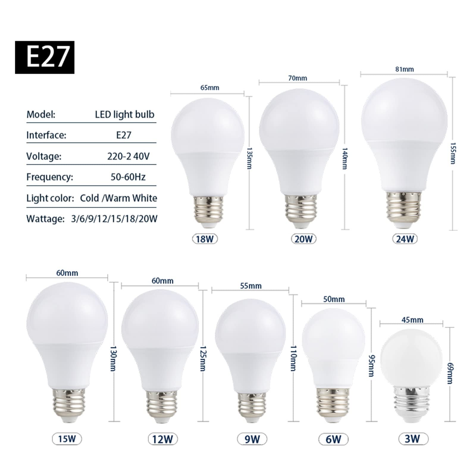 10 sztuk/partia E27 żarówki LED lampa E14 220V żarówka 3W 6W 9W 12W 15W 18W 20W 24W Lampada salon Bombilla żarówka Led światło dzienne Lucky (Color : Cold White, Size : 220v-E14-3W)