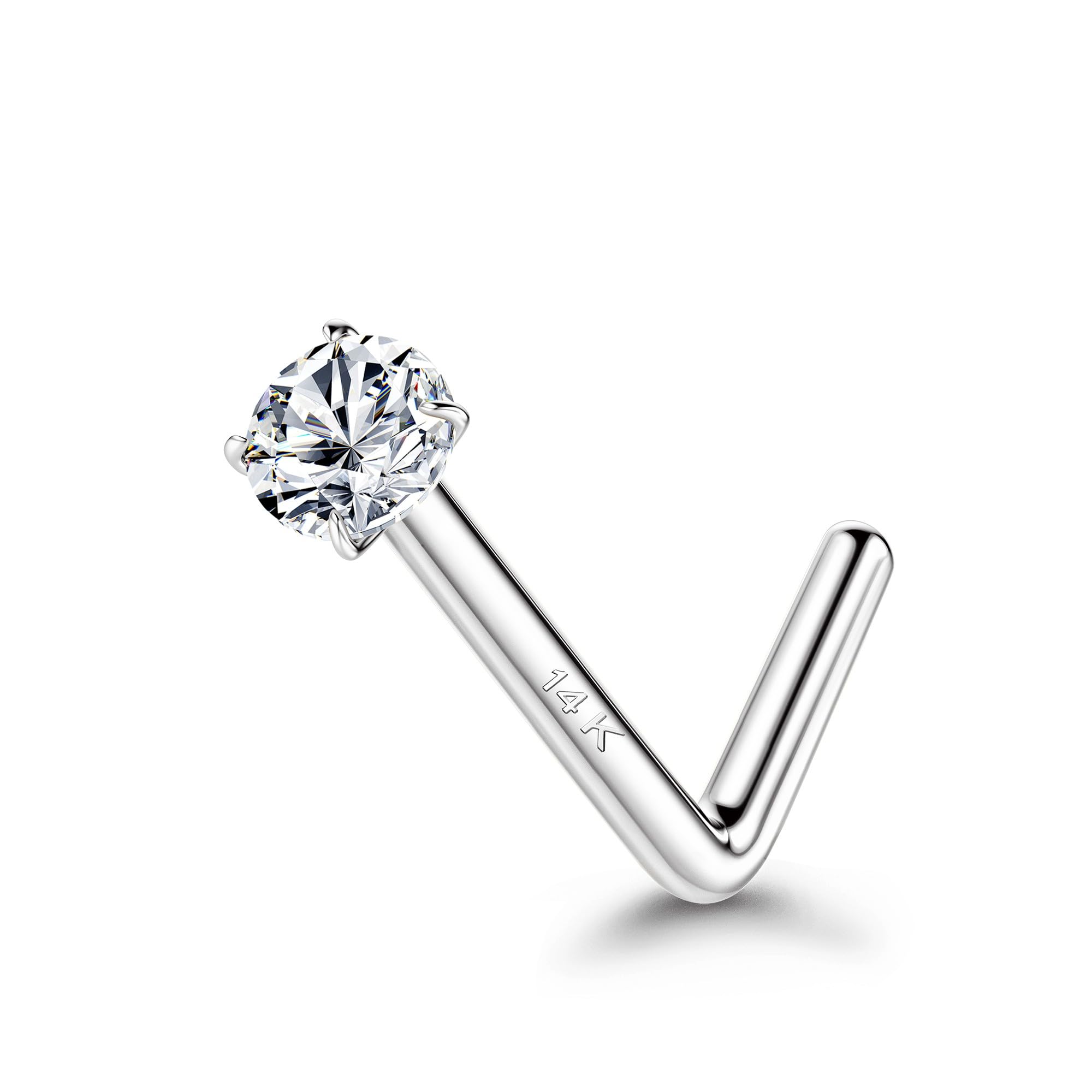 BUTADR14K Real Gold Nose Studs, 18G 20G Solid Gold L Shaped Nose Rings, Simulated Diamond CZ Hypoallergenic Nose Piercings for Women Men 1.5 2 3MM