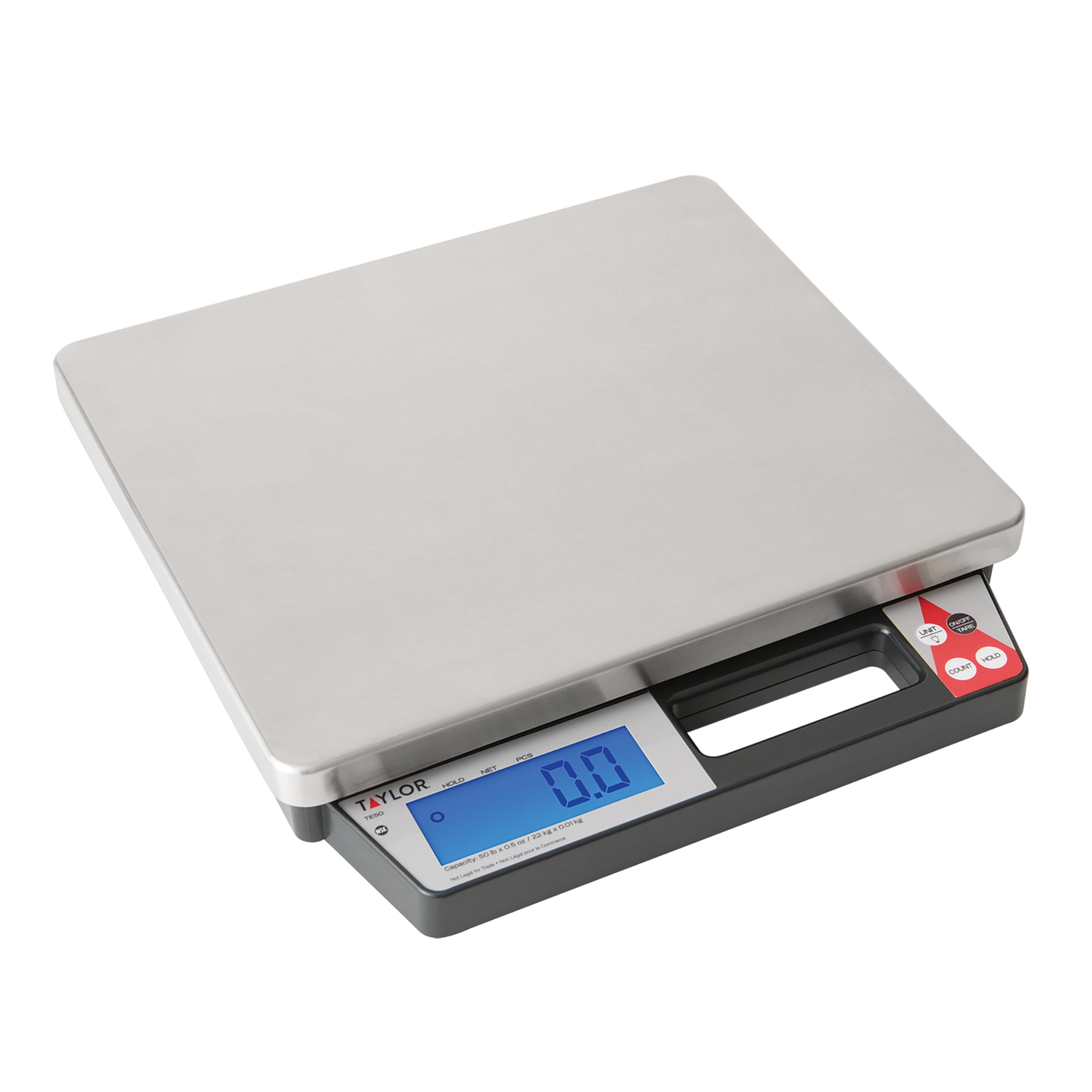 Taylor TE50 50-Pound Digital Portion Control Food Scale with Handle, Inventory, Postal, and Bulk Portioning Scale, Tare and Hold Function, NSF, Stainless Steel Platform