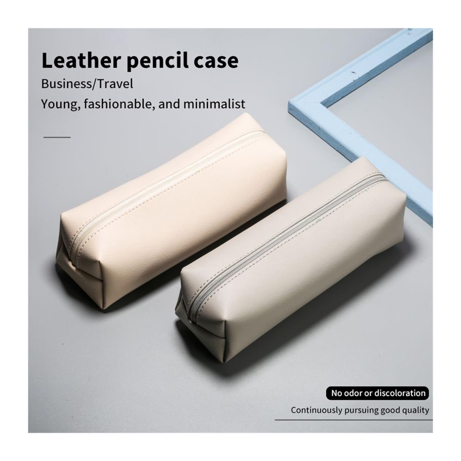 Astuccio in pelle PU for studenti | Grande capacità, cerniera, scatola portaoggetti, organizer for cancelleria, durevole(Beige)