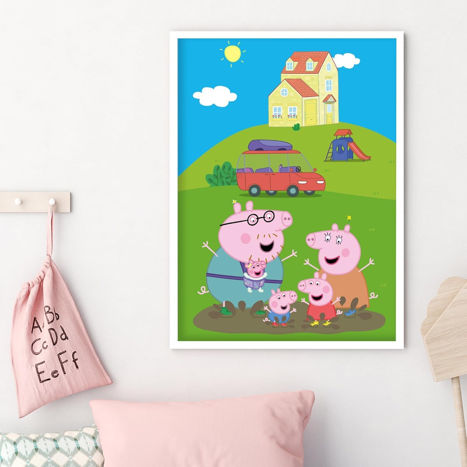 Peppa Pig Print - Peppa and Family Jumping in Muddy Puddles in Garden Poster Wall Art (21cm x 29.7cm - A4)
