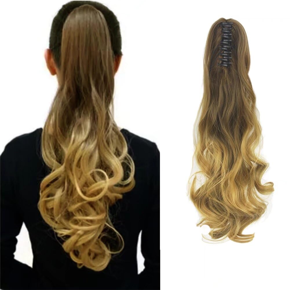 LaLuLoLi Women Synthetic Hairpiece 8# Brown to #27 Golden Blonde Two Tone Long Curly Wavy Claw on in Ponytail Pony Tail Hair Extension Extensions for Wedding Party Cosply 130g/24"/60cm