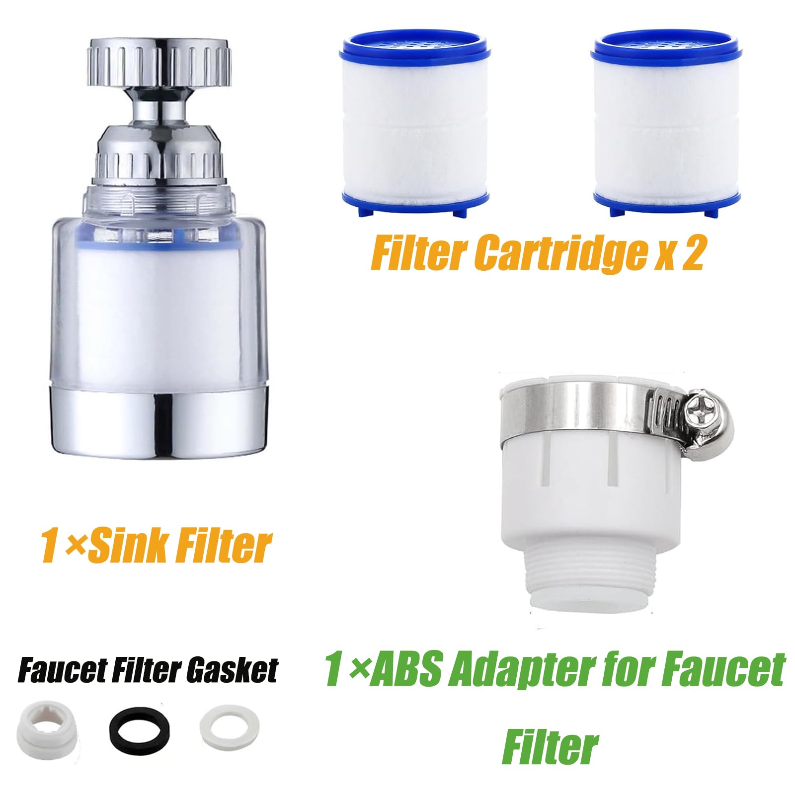 Faucet Water Filter with Universal Adapter and 2 Filter Cartridges,360 Degree Rotating Sink Tap Water Filter,Carbon Water Filtration Faucet Removes Chlorine Fluoride Heavy Metals Hard Water - Image 3