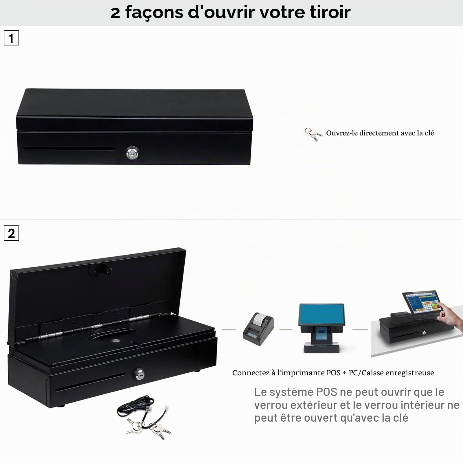 HONEY BEAR Tiroir-Caisse Flip Top Enregistreuse 16 Pouces, 8 Compartiments Monnaie et 6 billets, Compatible avec Imprimante à Reçus POS 12V et Caisse Enregistreuse avec Interface RJ11/RJ12, Noir