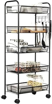 JANE EYRE 5-Tier Rolling Utility Storage Rack Cart on Wheels, Trolley Craft cart, Multi-Purpose Organizer Shelf, Black