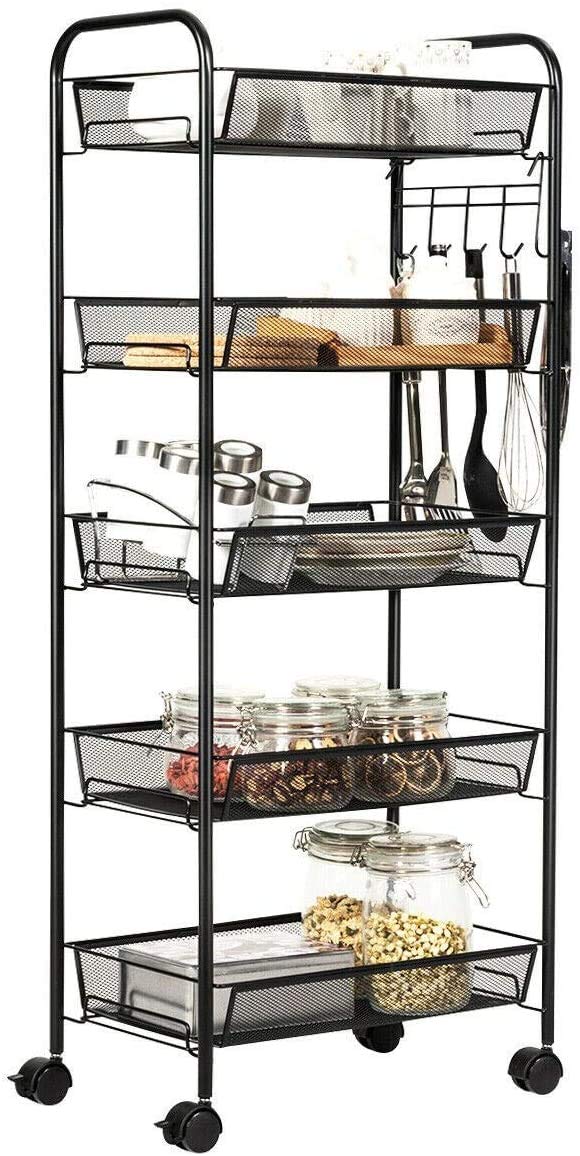 5 Tier Rolling Utility Storage Trolley Cart on Wheels Craft Toy Bedroom Kitchen Storage & Organisation Hostess Nappy Metal Trolley Laundry Bathroom Storage Unit Rack Organizer Shelve Easy Assemble