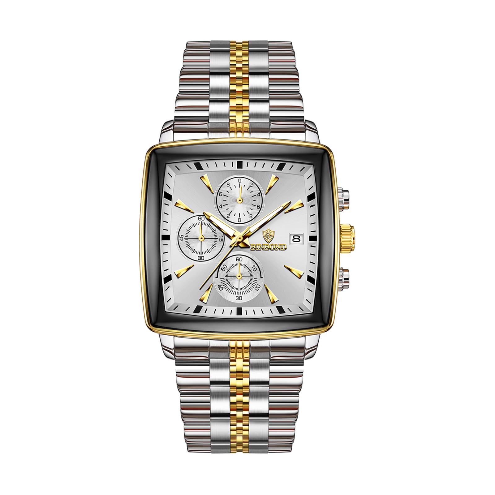 OIDEA Montre carrée élégante pour homme : date chronographe analogique à quartz multifonction argenté doré classique business cadran blanc bracelet en acier inoxydable montre cadeau pour homme