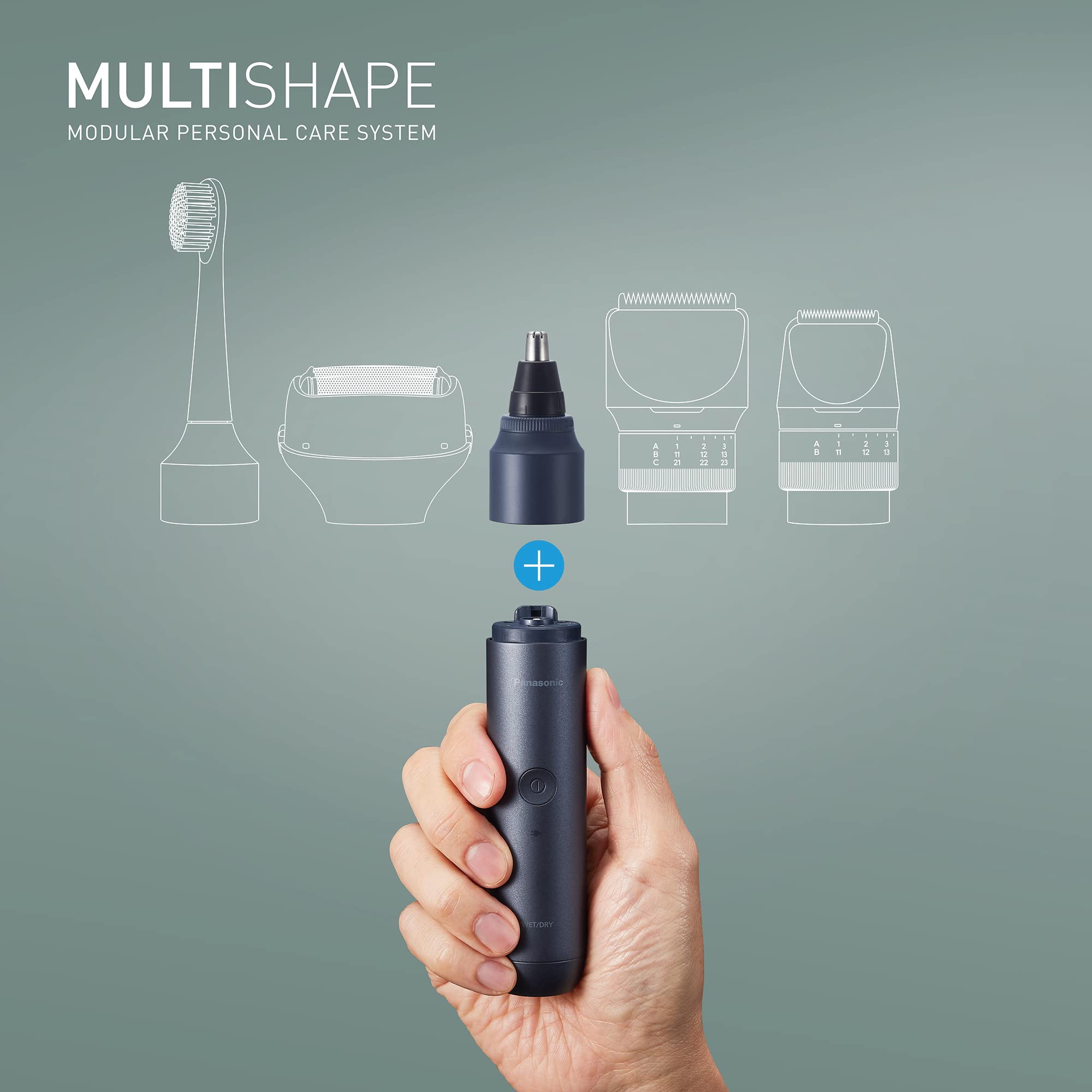 Panasonic Multishape ER-CBL1 uchwyt, akumulator litowo-jonowy, Czarny & Panasonic Multishape ER-CNT1 nasadka trymera do nosa, uszu i włosów na twarzy, na mokro i sucho