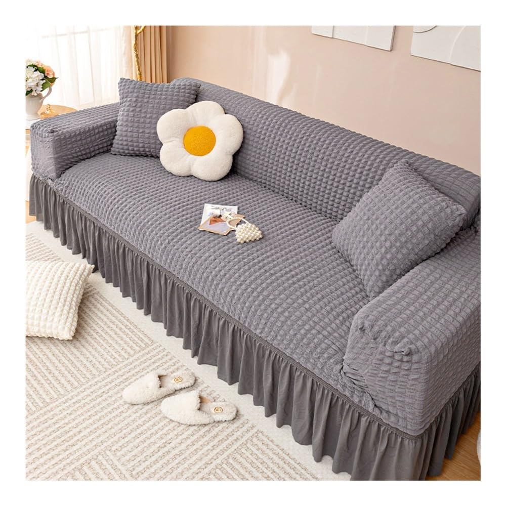 Housses de canapé extensibles et douces en seersucker gris lavable avec jolis volants