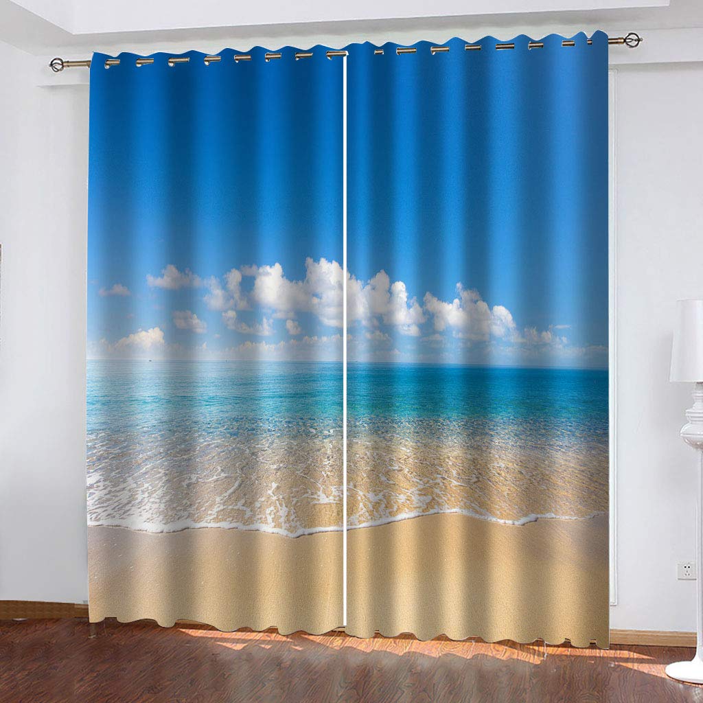 Rideaux Et Draperies Intérieurs 3D Nuages Blancs Vue Mer Ciel Bleu Motif Rideau Occultant À Oeillets Decoration Salon Chambre Maison pour Enfant Adulte 2 Pièces 280X160Cm Design Moderne Imprimé