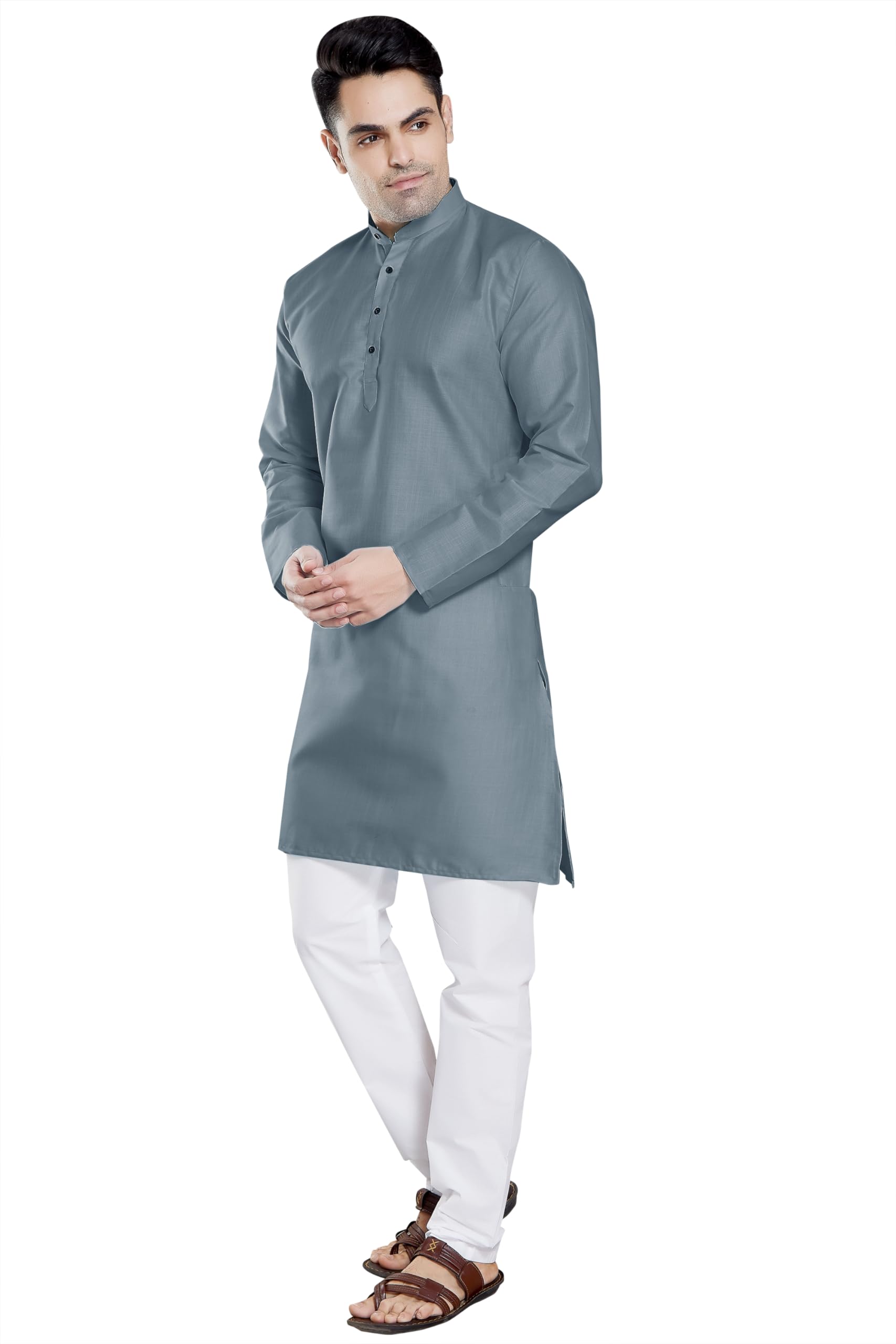 Divisive Men's Plain Cotton Blend Linen Slim Fit Kurta Pyjama Set (Dkrt55_Xl_Grey)