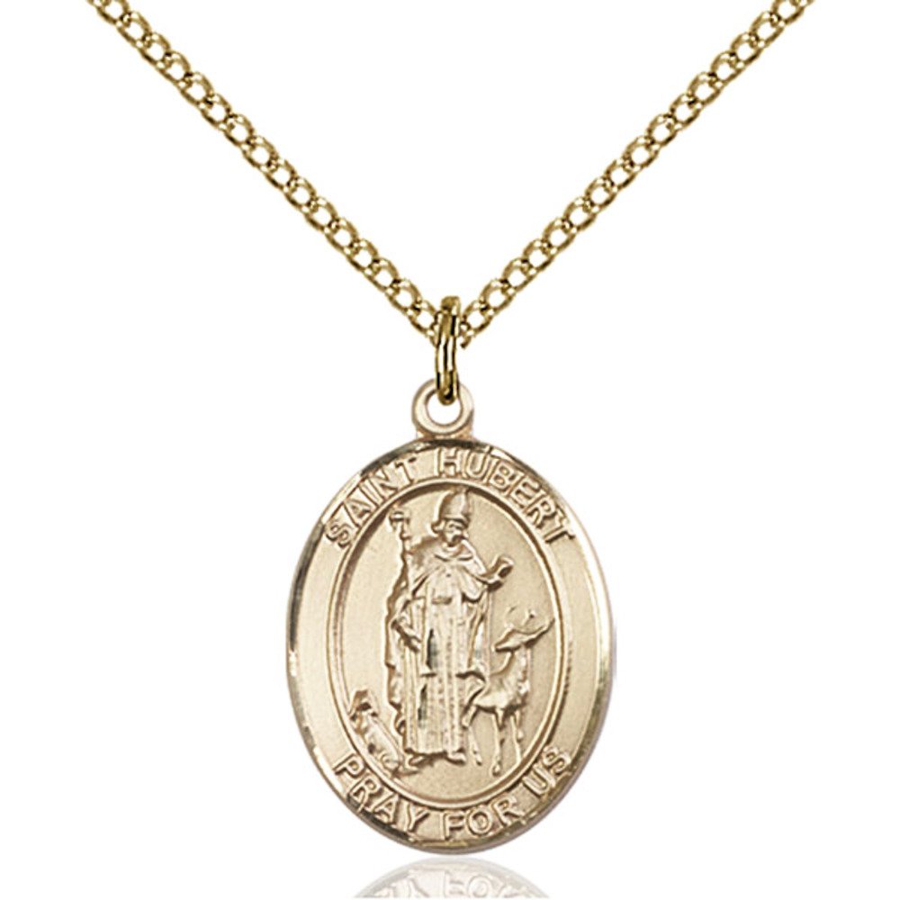 Bonyak Jewelry Saint Medal Collection Custom Engraved Gold Filled St. Hubert of Liege Pendant 3/4 x 1/2 inches with Gold Filled Lite Curb Chain