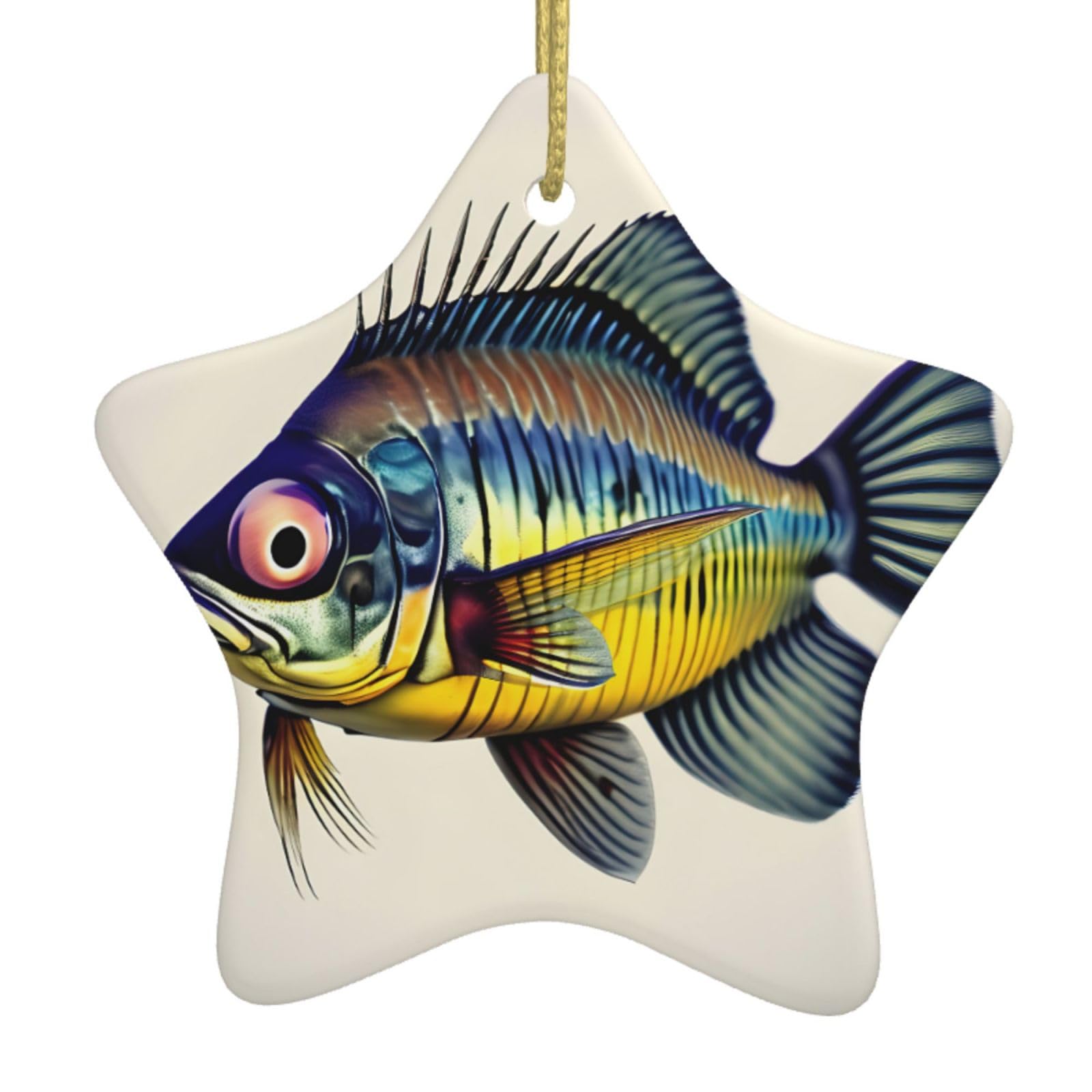 Nbtghga White Fly Yellow Fish Print Christmas Ornaments, Ceramic Hanging Ornament, Round Shape Decorations