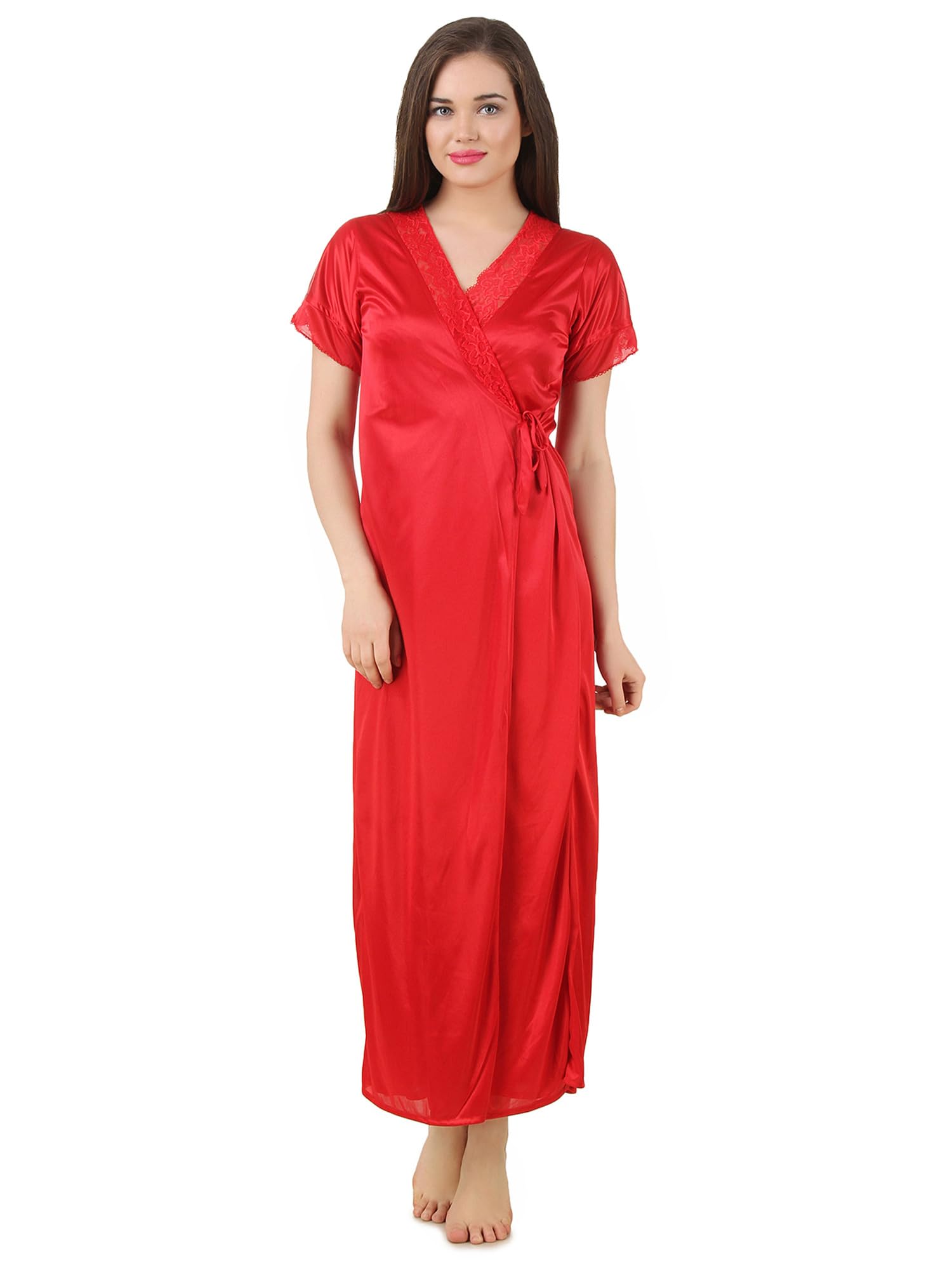 Fasensewomen satin nighwear sleepwear solid long robe wrap gown SR060