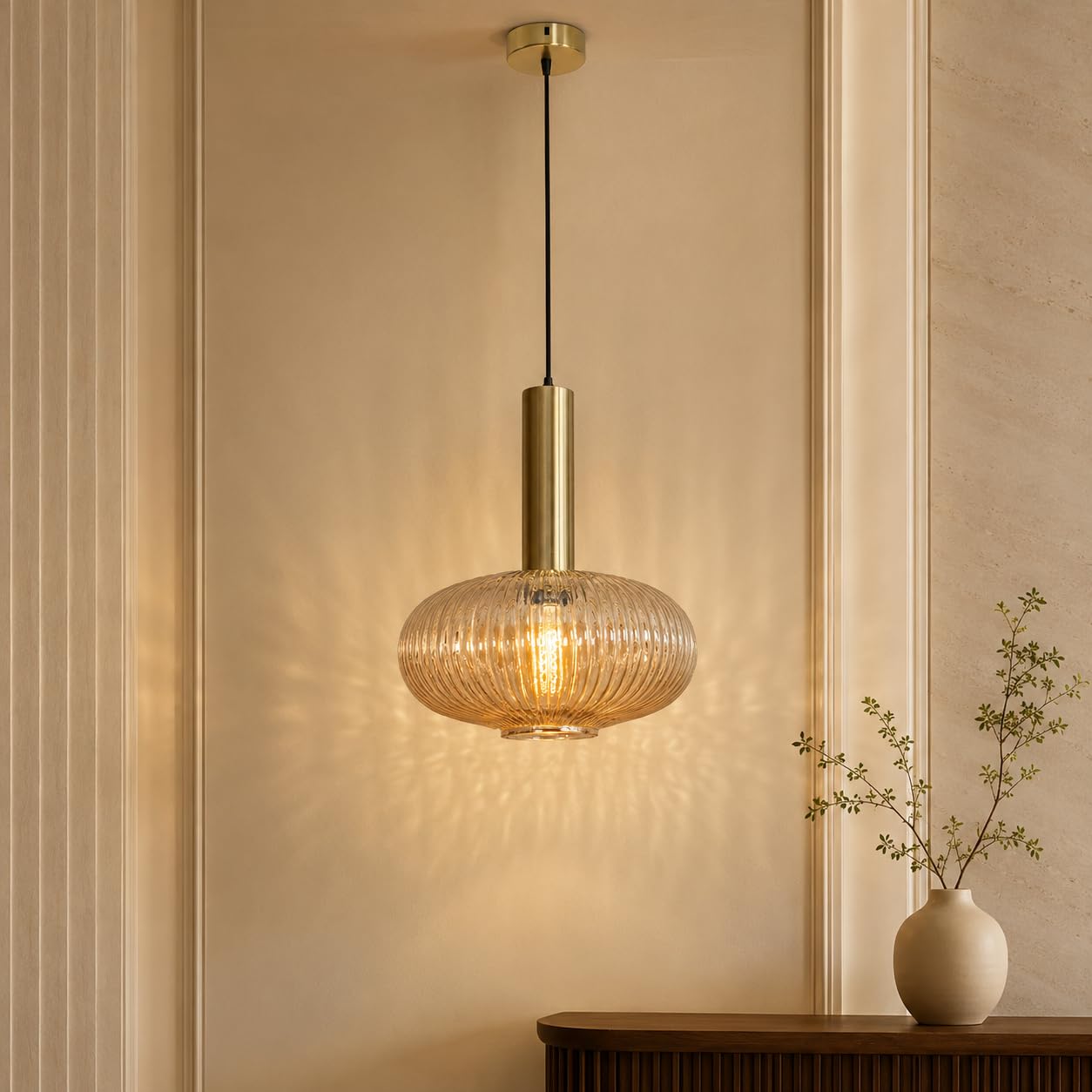 KAPOOR E-ILLUMINATIONS Maloto Amber Luster and Brass Hanging Light for Home Decoration Living Room, Bedroom, Hotels, Hall, Balcony, Restaurant Bar Lighting (Bulb not Included - Amber & Matt Gold)-image-2