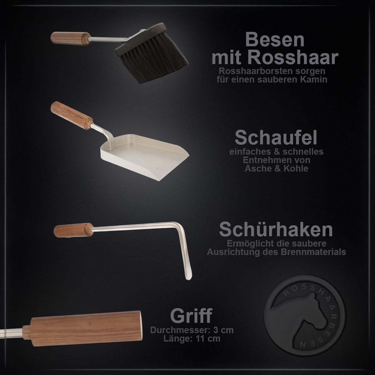 MS Beschläge Kaminbesteck Edelstahl mit Nussholzgriffen – 3-teiliges Ofenbesteck Set mit Rosshaarbesen, Schaufel & Schürhaken, standfester schwarzer Ständer mit Edelstahlplatte - Ofen- Kamingarnitur