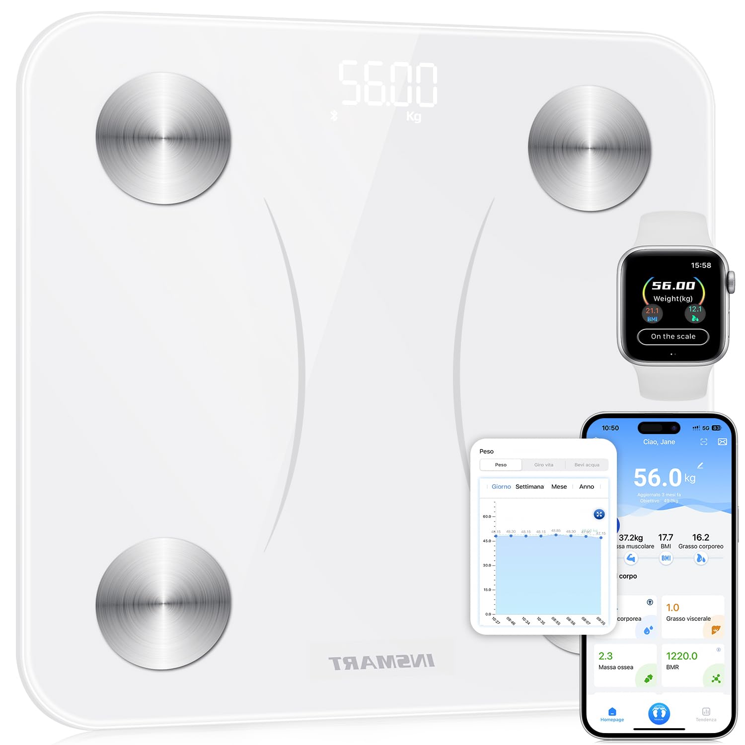 Bilancia Intelligente Insmart Per Il Peso Corporeo, Piattaforma Grande Da 12x12 Pollici Bilancia Da Bagno Digitale Accurata, Bilancia Per Grasso Corporeo Bluetooth Con Bmi, 16 Tipi Di Dati