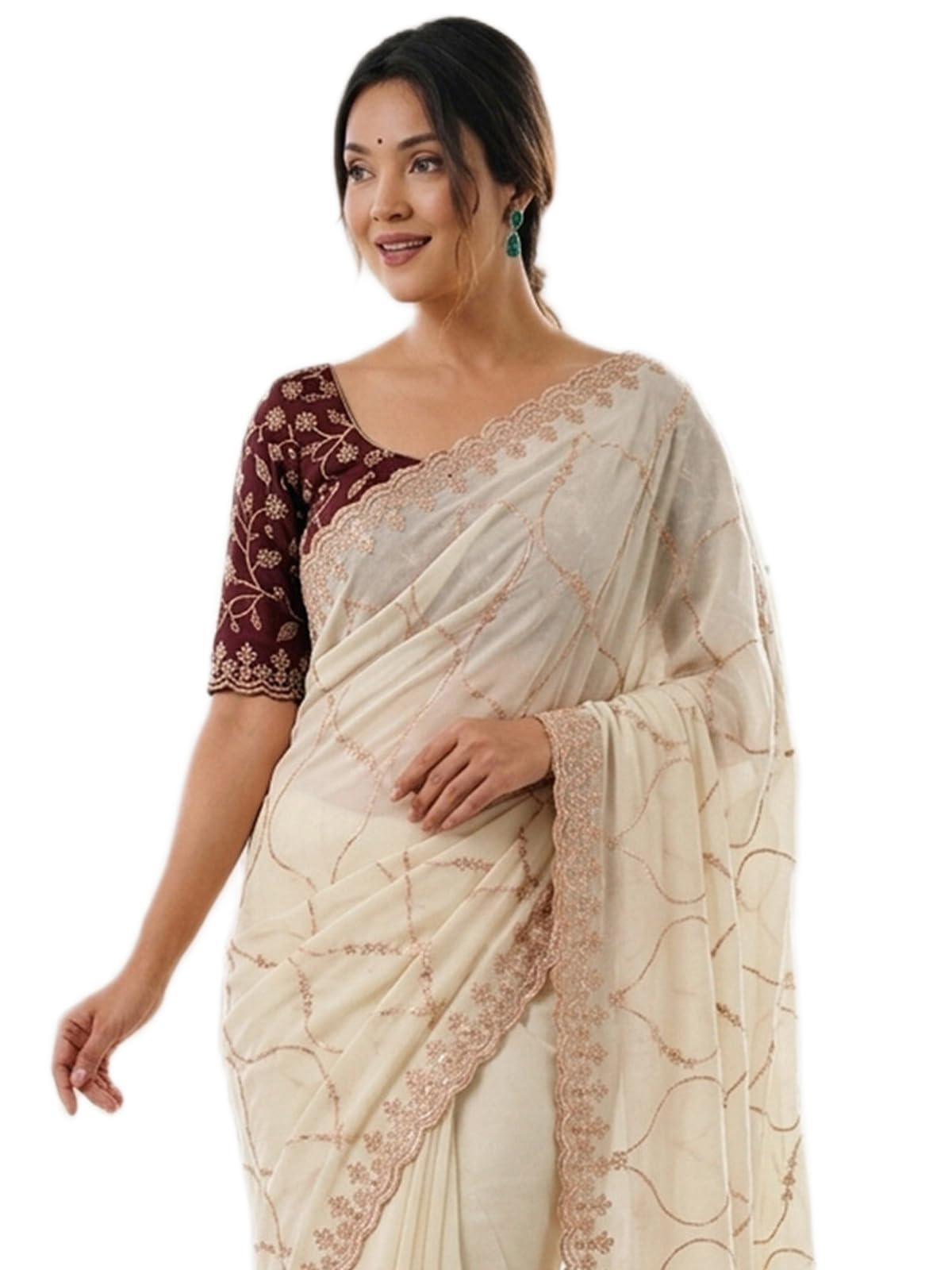 satrani Women's Shimmer Georgette Embroidery & Scalloped Border Saree with Unstitched Blouse Piece-picture-16