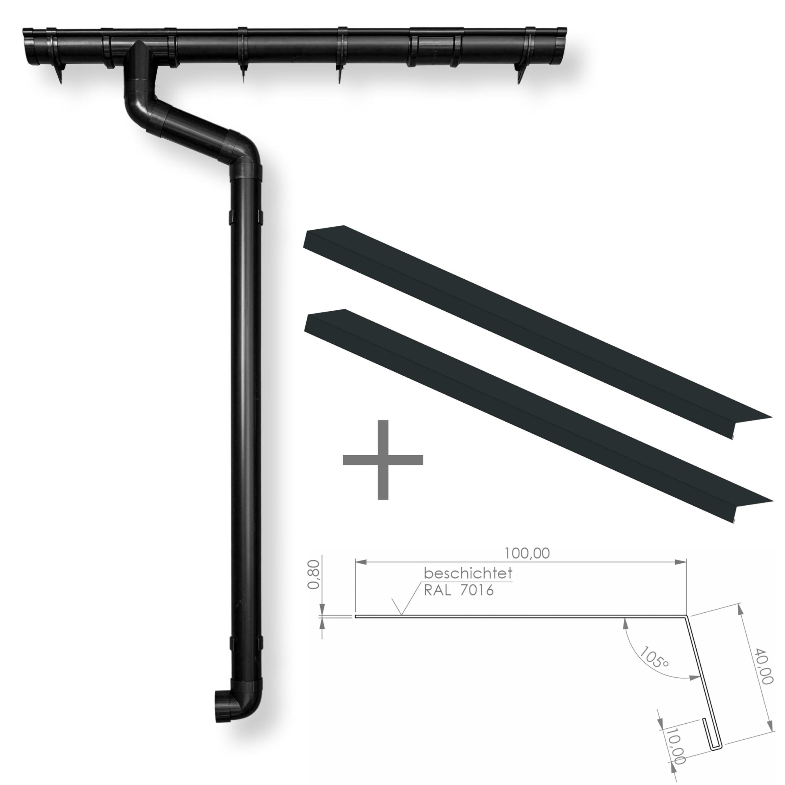 Dachrinne Regenrinne Komplettset für Flachdach/Pultdach (1-Seite) bis 300cm inkl. 2x Rinneneinhangbleche aus Aluminium (Anthrazit)