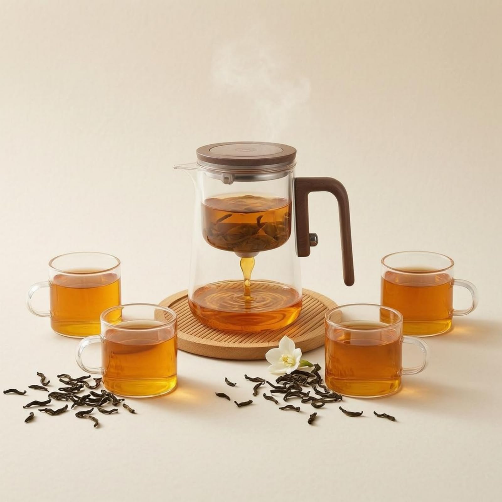 GlasTeekanne mit Sieb hitzebeständig Teebereiter aus Glas tropffrei Glasteekanne, 600ML Teekanne Mit Vier Tassen