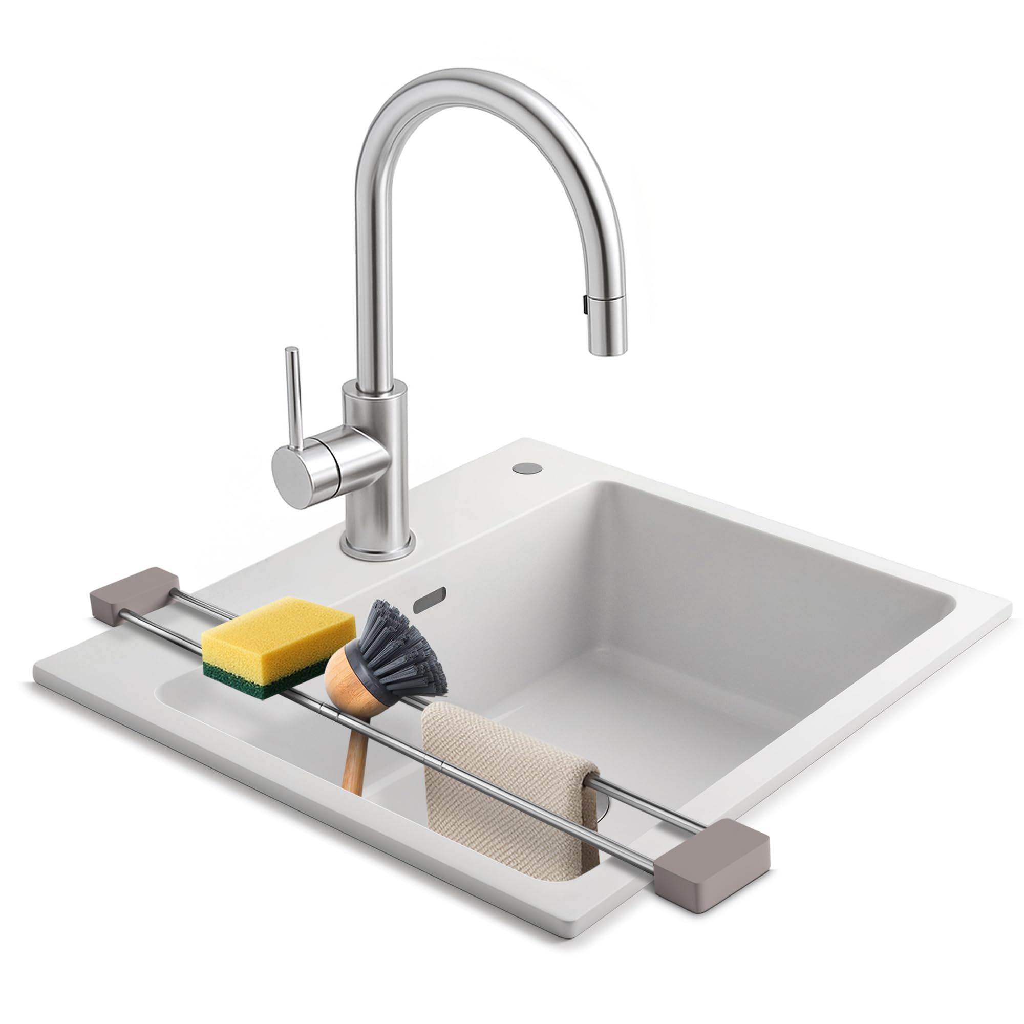 Sanni Shoo drip.line (Hellgrau) – multifunktionaler Spülen-Abtropfer, Teleskop Spültuchhalter – Ausziehbares Abtropfgestell aus Edelstahl – Organizer fürs Spülbecken – das Original aus dem TV