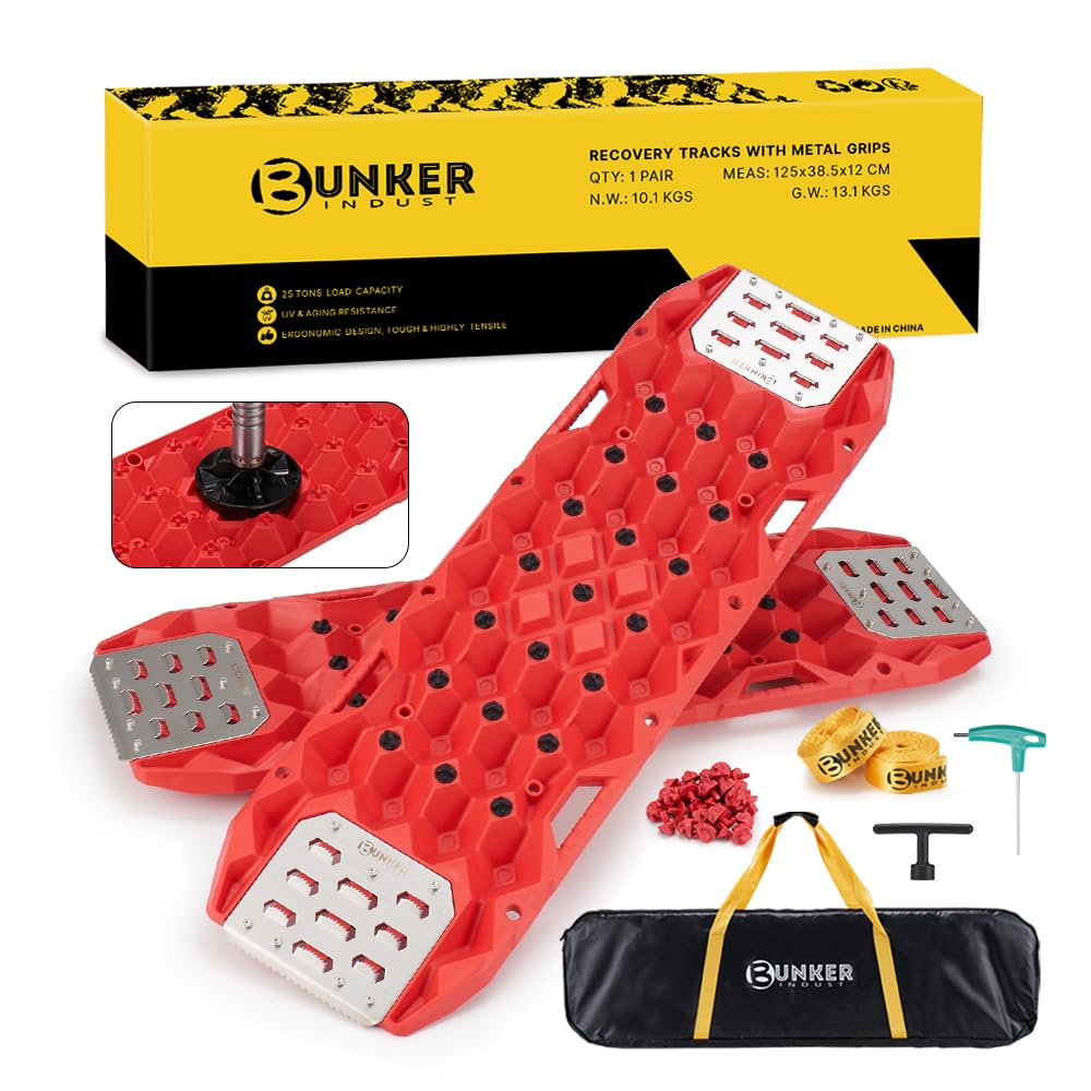 Offroad Traction Board with Jack Base,Pair 47.24" L x 14" W Recovery Track Tire Traction Mat -Red Sand,Mud,Snow Ramps (Replaceable Dual Colors Teeth/Rugged Steel Plate) Gen 11th