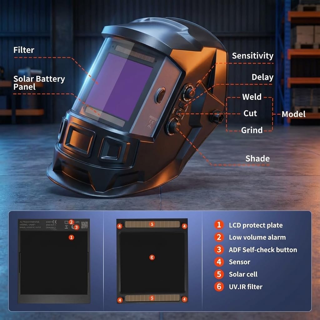 Auto Darkening Welding Helmet4"×4"-Optical grade 1/1/1/2-True Color-Solar&Battery Power-4 Sensor,0.1ms Response Time-Wide Shade DIN5~9/9～13 for SMAW,TIG,MIG,GTAW,Grinding-Lightweight wear