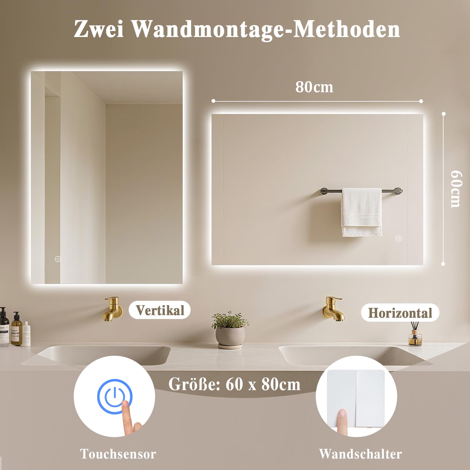 Archaluxe Badspiegel mit Beleuchtung 60x80cm Badezimmer Spiegel LED Dimmbar – Ansicht 3