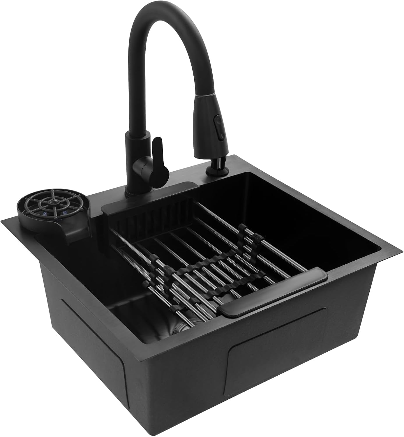 Fregadero negro 50x45 cm, fregadero de cocina de acero inoxidable, lavabo de cocina con grifo extraíble, dispensador de jabón, fregadero de cocina pequeño de acero inoxidable, fregadero empotrado incl