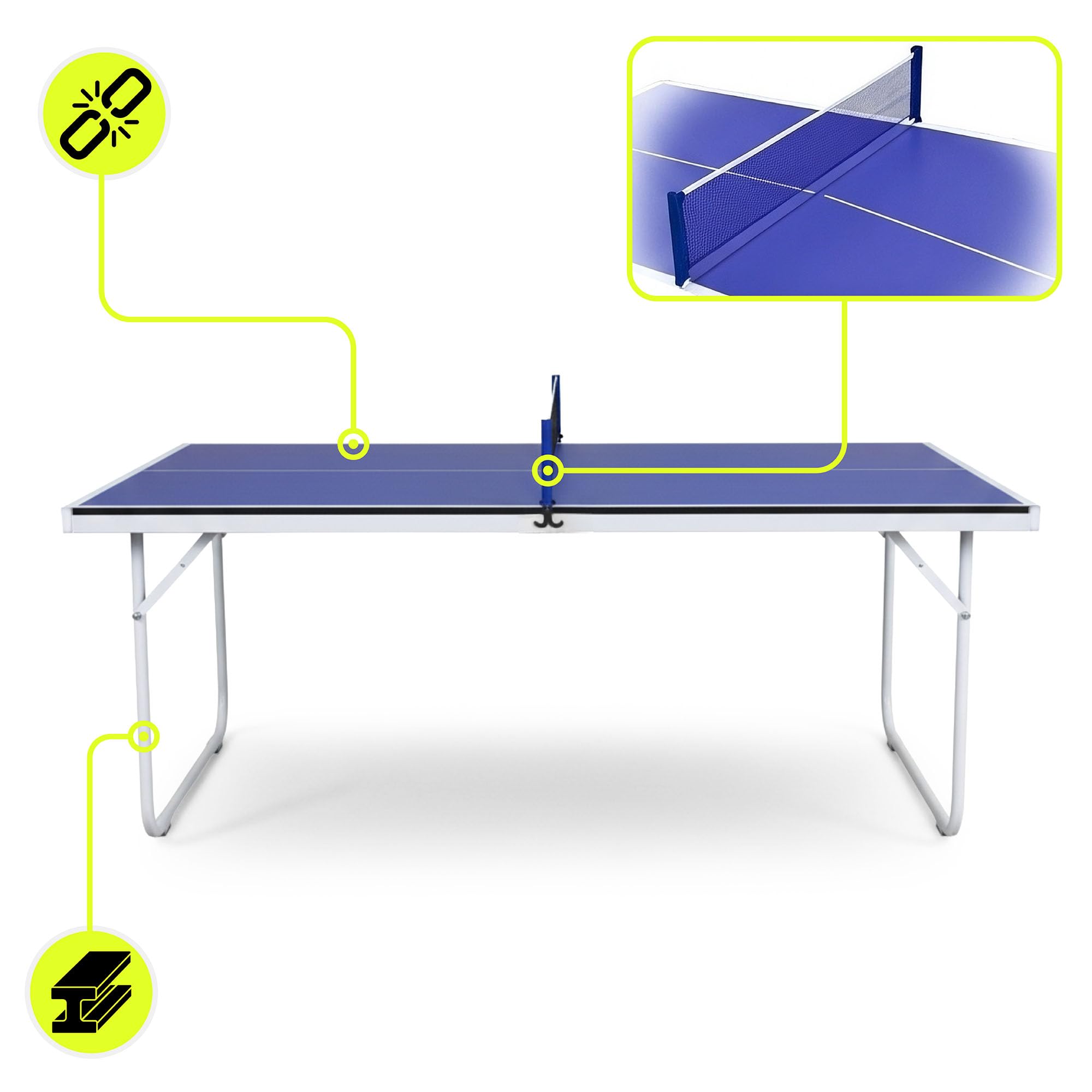 HyperMotion Mesa de Ping Pong Plegable para Casa, Mesa Compacta de Tenis de Mesa Indoor para Juego Recreativo, Diseño Ahorra Espacio con Red, 2 Palas y Pelotas, Mesa Familiar para Niños y Adultos