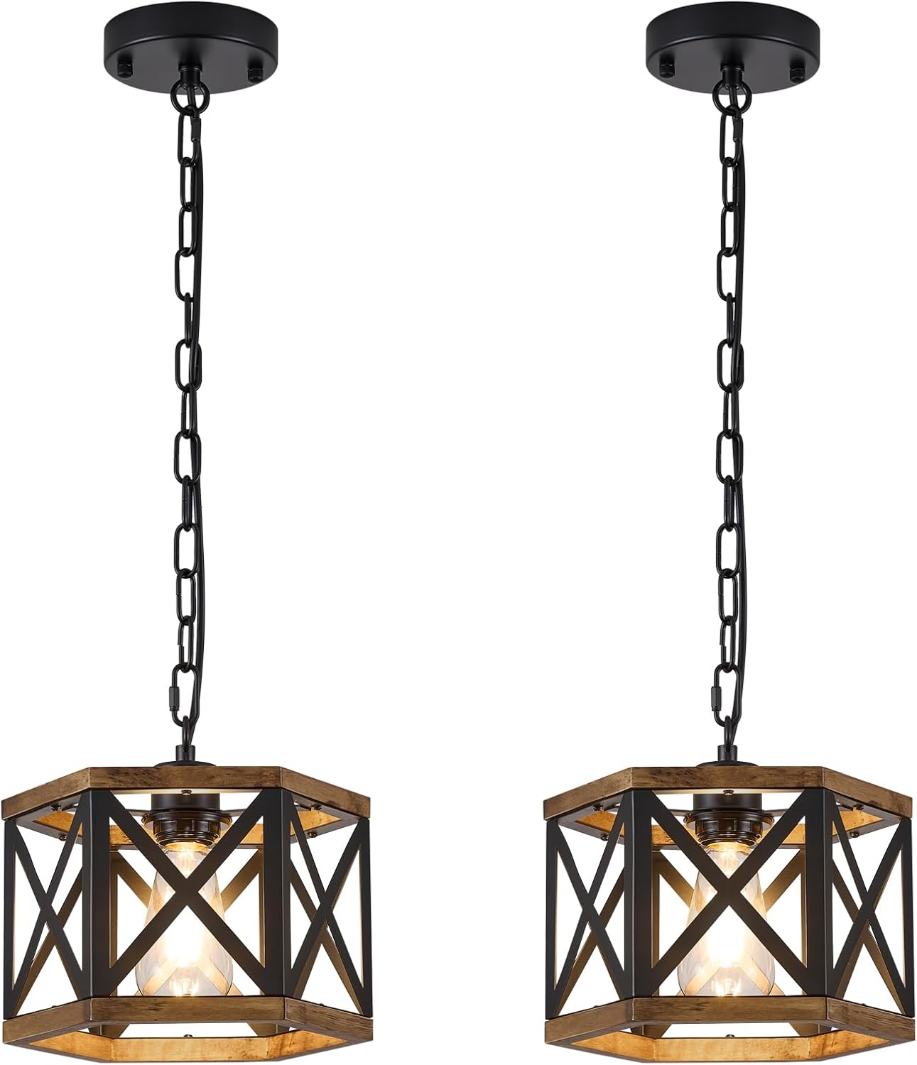 SGLfarmty 2 Pack Farmhouse Pendant Lights, Rustic Kitchen Light Fixtures with Wood and Metal Hexagonal Cage, Adjustable Chain Small Farmhouse Pendant Lights Kitchen Island, Hallway