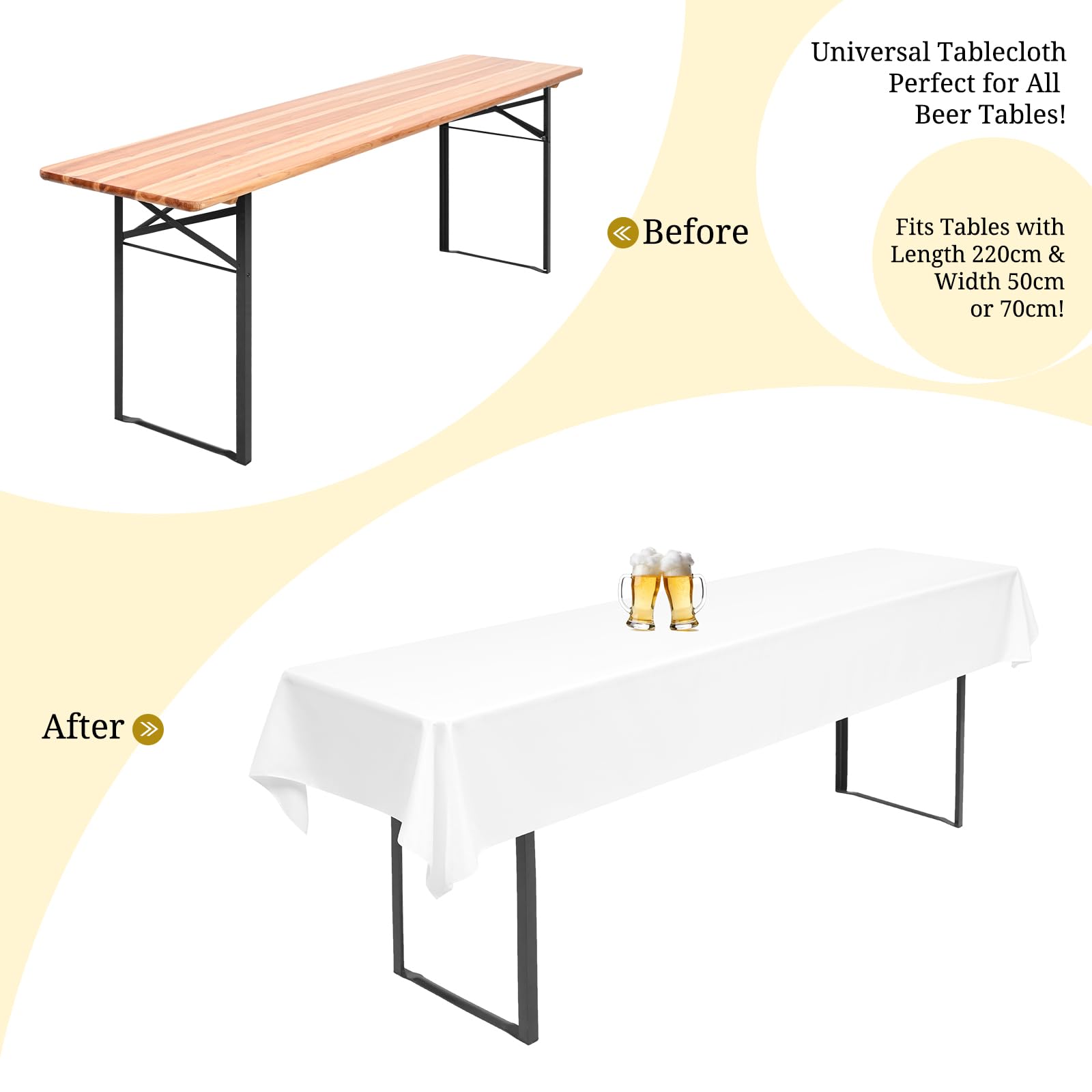 Mantel universal para mesas de cerveza, 10 unidades, poliéster impermeable, para fundas de 50 cm y 70 cm, manteles rectangulares, lavables, 100 x 250 cm (blanco)