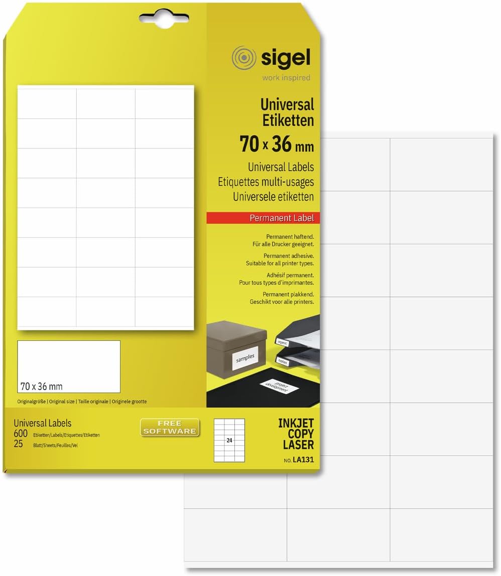 Sigel LA131 Universal Labels, 2.76 x 1.42 inches, White, 600 Labels