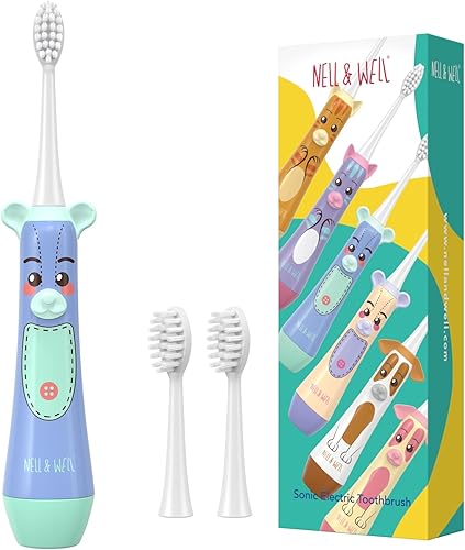 NELL&WELL Cepillo de dientes eléctrico para niños, cepillos de dientes a batería con 3 cabezas de cerdas suaves para niños y niñas a partir de 3