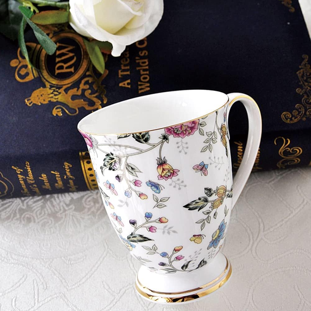 Juego de 4 tazas de café, diseño floral, tazas de té de huesos grandes, tazas de té de 300 ml con asa para capuchino, café, té, leche, oficina, regalo (B)
