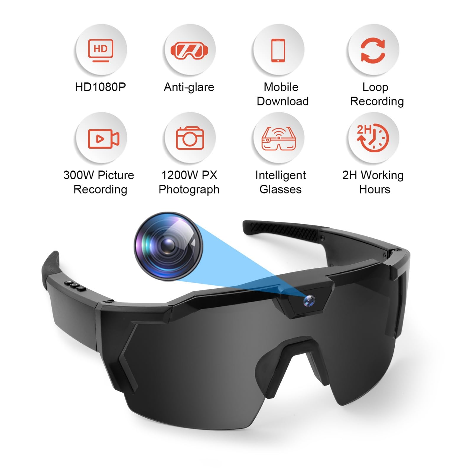 Garsent Gafas con Cámara Inteligente, Deportes Al Aire Libre, Grabación de Vídeo HD, Gafas de Sol de Acción para Ciclismo, Audio Portátil para Tomar una Fotografía, Fotografía
