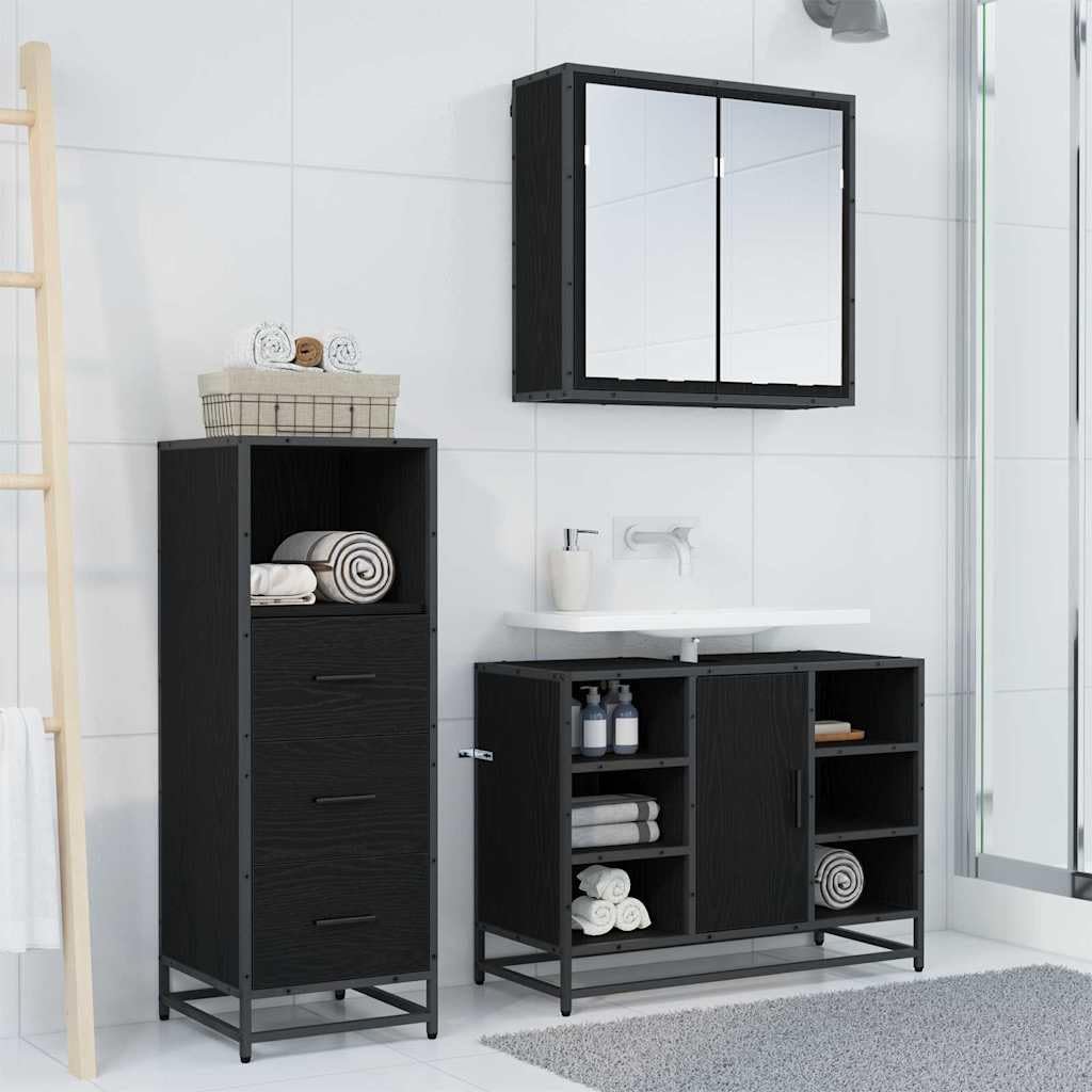 Juego de baño de 80 x 33 x 60 cm, color negro roble, armario con espejo, armario para lavabo, moderno y ahorro de espacio
